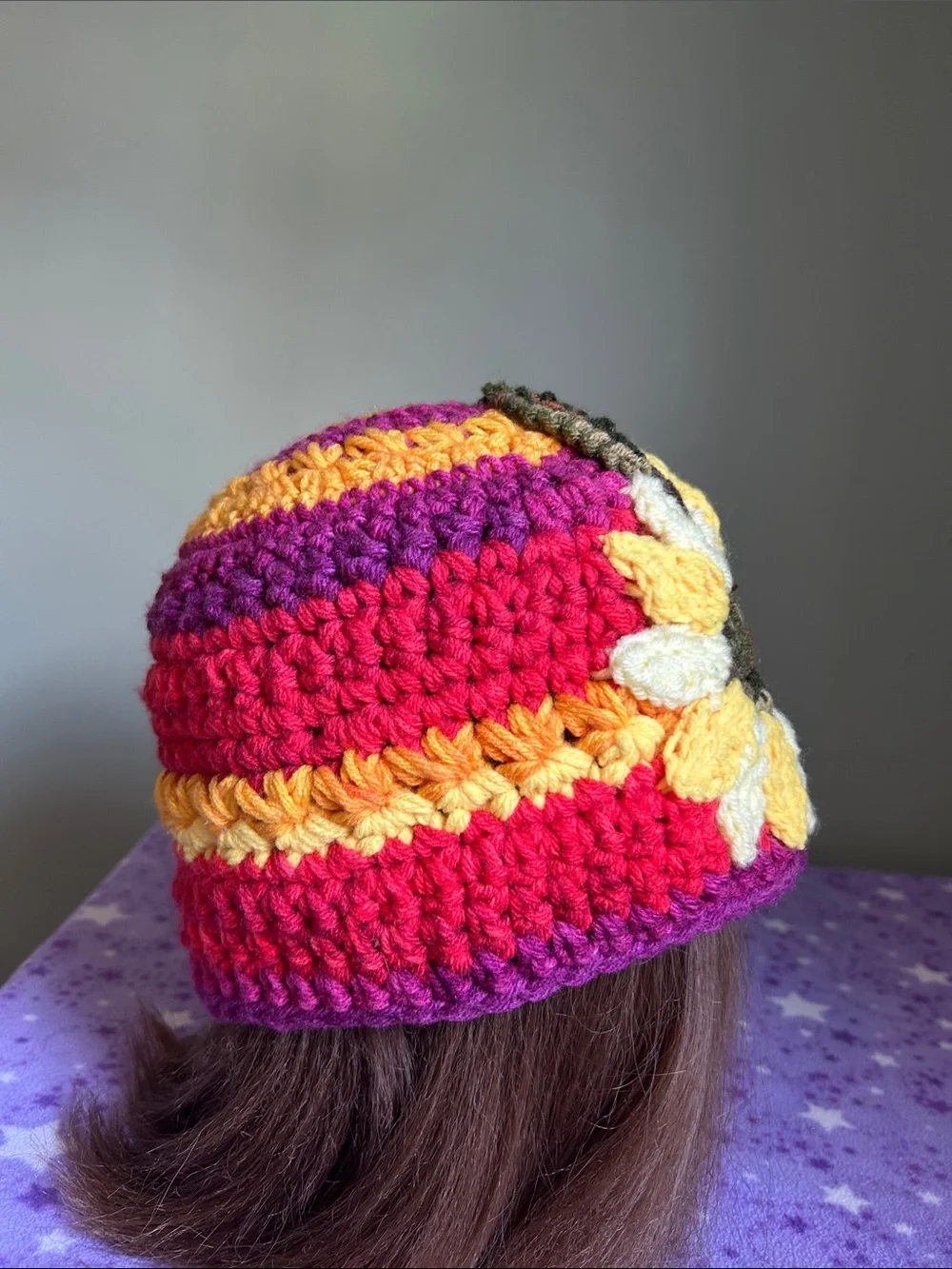 Hand-Crocheted Multicolor Sunflower Beanie - Yellow Accent medium